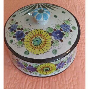 Tonala Pottery Bowl Hand  Painted Blue Cream Yellow  Lid signed flowers